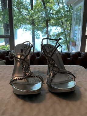 Silver Embellished Strappy High Heel Sandals - Women's Evening Shoes